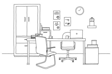 Kroki Oda. Ofis koltuğu, Resepsiyon, masanın üzerinde çeşitli nesneler. Çalışma alanı çizin. Vektör çizim