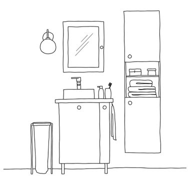 Banyo parçası kroki. Lavabo, dolapları ve diğer öğeleri. Vektör