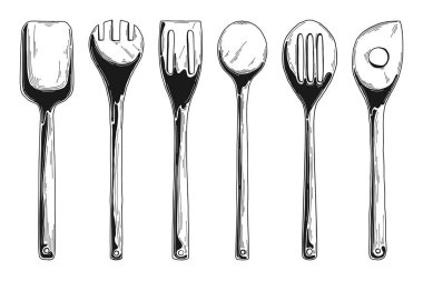 Farklı tahta kaşıklar mutfak takımı. Vektör çizim