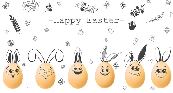 Gerçekçi Yumurta Boyalı Öğelerle Mutlu Paskalyalar Vektör Çizim — Stok Vektör