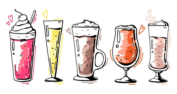 Verschiedene Gläser Verschiedene Cocktails Vektor Illustration Eines Doodle Stils — Stockvektor