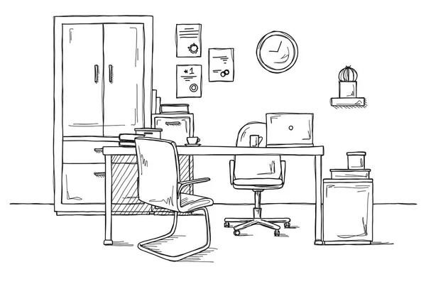 Σκιαγραφήστε Δωμάτιο Καρέκλα Γραφείου Γραφείο Διάφορα Αντικείμενα Πάνω Στο Τραπέζι — Διανυσματικό Αρχείο