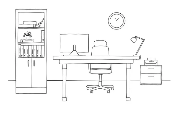 Desenhe Sala Cadeira Escritório Mesa Vários Objetos Mesa Espaço Trabalho —  Vetores de Stock