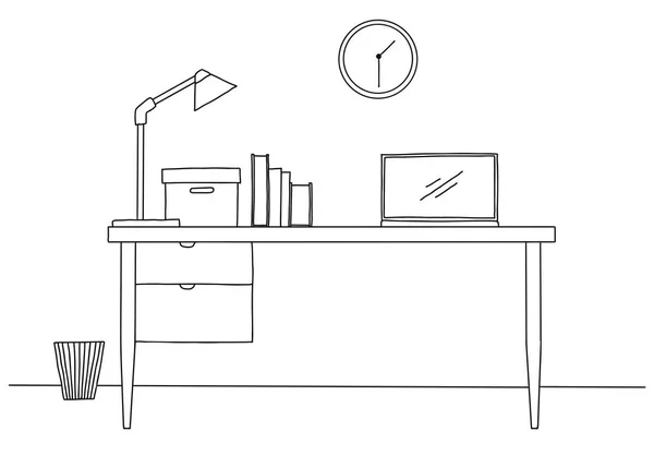 Desenhe Local Trabalho Frente Computador Ilustração Vetorial —  Vetores de Stock