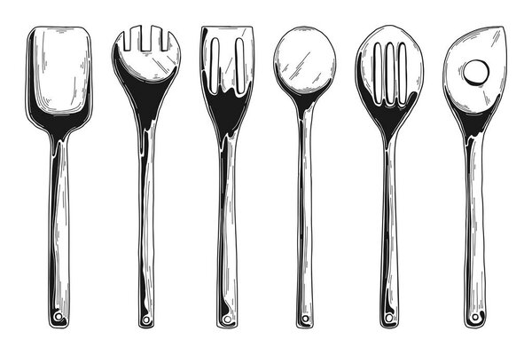 Kitchen set of different wooden spoons. Vector illustration