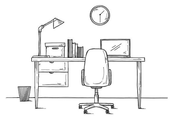 Desenhe o local de trabalho em frente ao computador. Vetor —  Vetores de Stock