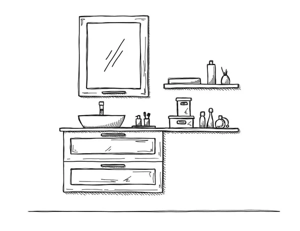 Sketch the bathroom. Bathroom furniture and washbasin. — Stock Vector