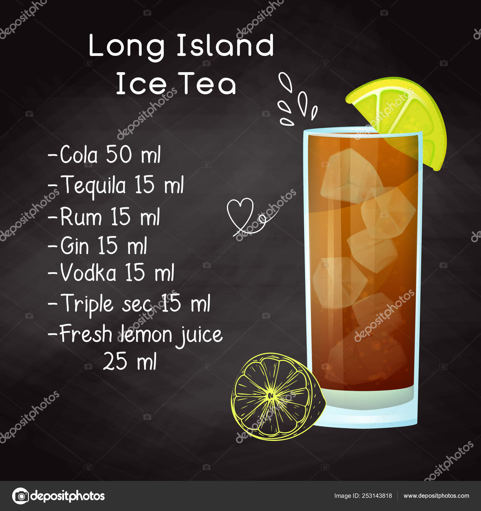 알콜 칵테일 롱 아일랜드 아이스 티를 위한 간단한 레시피. 칠판에 분필을 그립니다. 벡터 스톡 벡터 -  ©nadiia.kud.gmail.com 253143818