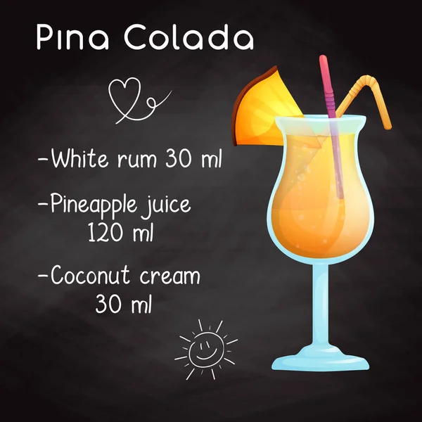 Receta sencilla para un cóctel alcohólico Pina Colada. Dibujando tiza en una pizarra. Vector — Archivo Imágenes Vectoriales