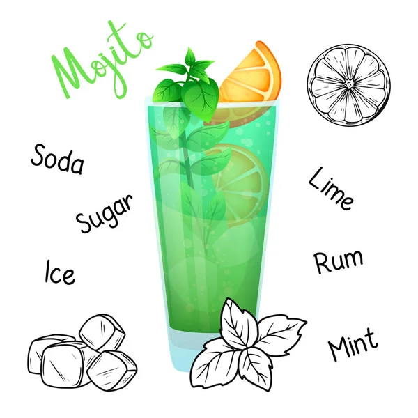Einfaches Rezept für einen alkoholischen Cocktail-Mojito. Vektor — Stockvektor