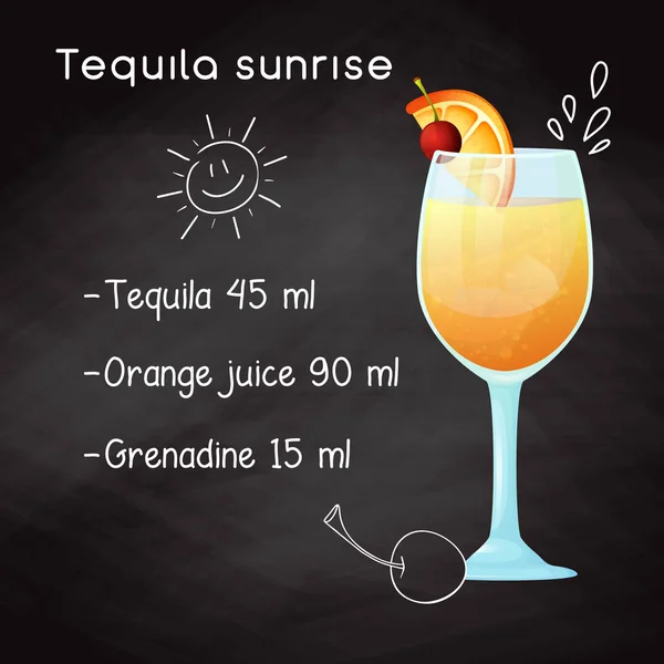 Egyszerű recept egy alkoholos koktél Tequila Sunrise. Rajz krétával egy táblára. Vektor — Stock Vector