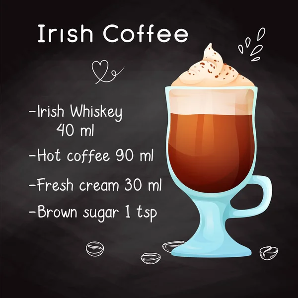 Ricetta semplice per un cocktail alcolico Irish Coffee. Disegno di gesso su una lavagna. Vettore — Vettoriale Stock