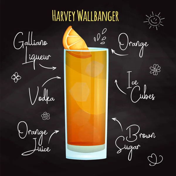 Egyszerű recept egy alkoholos koktél Harvey Wallbanger. Rajz krétával egy táblára. Vektor — Stock Vector