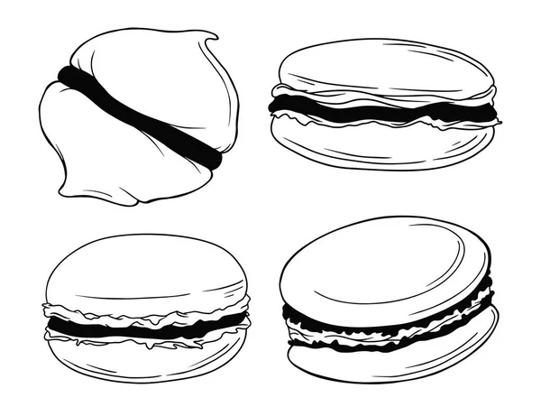 마 카로 니 쿠키를 스케치 합니다. 흰색 배경에 고립 된 쿠키 세트. — 스톡 벡터