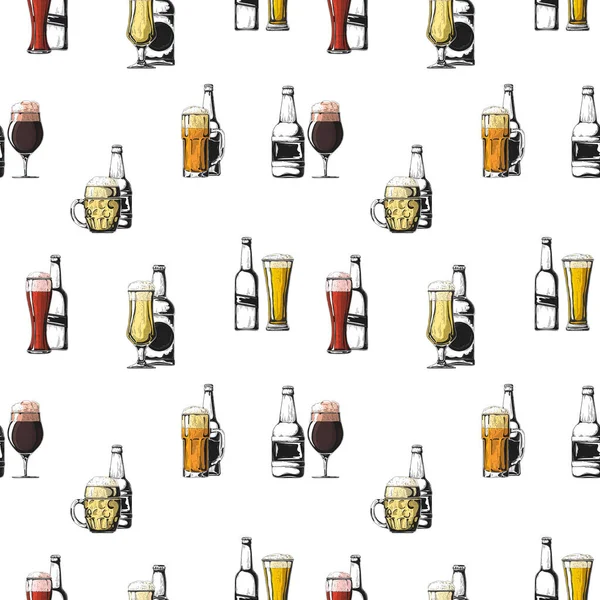 Bira ile farklı gözlük ile Dikişsiz desen, bira farklı kupalar. Vektör Illustration — Stok Vektör