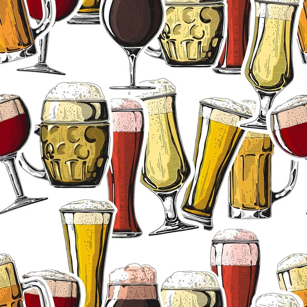 Nahtloses Muster mit verschiedenen Gläsern mit Bier, verschiedenen Bierkrügen. Vektorillustration — Stockvektor
