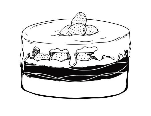 Einen Kuchen mit Erdbeeren skizzieren. Kuchen isoliert auf weißem Hintergrund. — Stockvektor