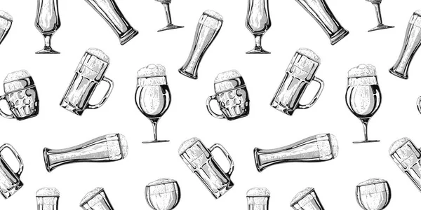 Bira ile farklı gözlük ile Dikişsiz desen, bira farklı kupalar. Vektör Illustration — Stok Vektör