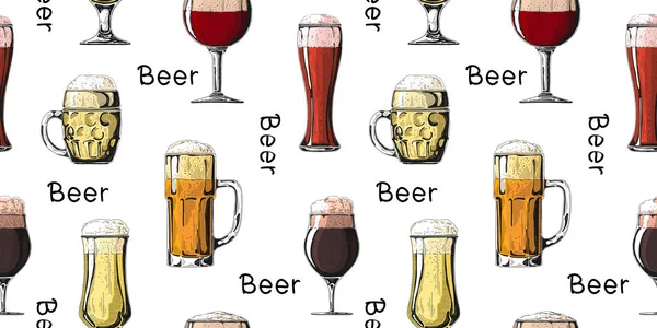 Sömlös mönster med olika glas med öl, olika muggar av öl. Vektor illustration — Stock vektor