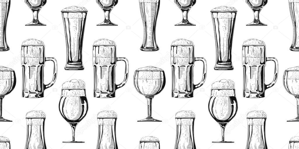 Seamless pattern with different glasses with beer, different mugs of beer. Vector illustration