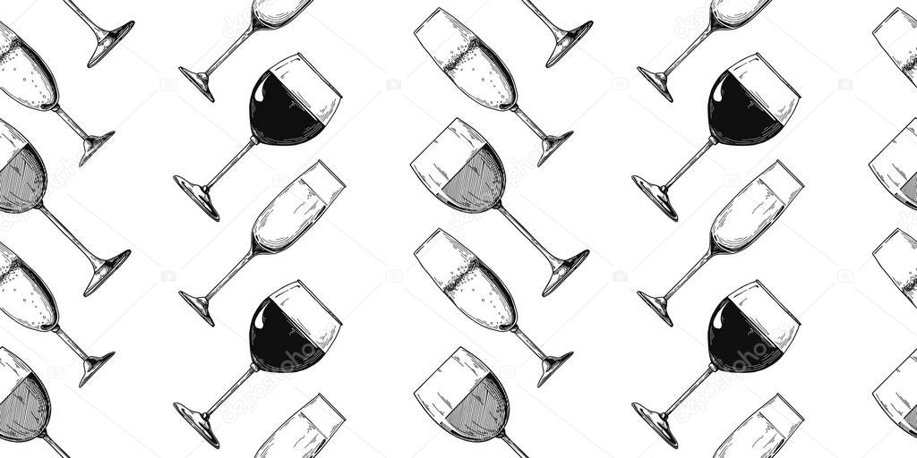 Seamless pattern with different glasses. Champagne and wine.