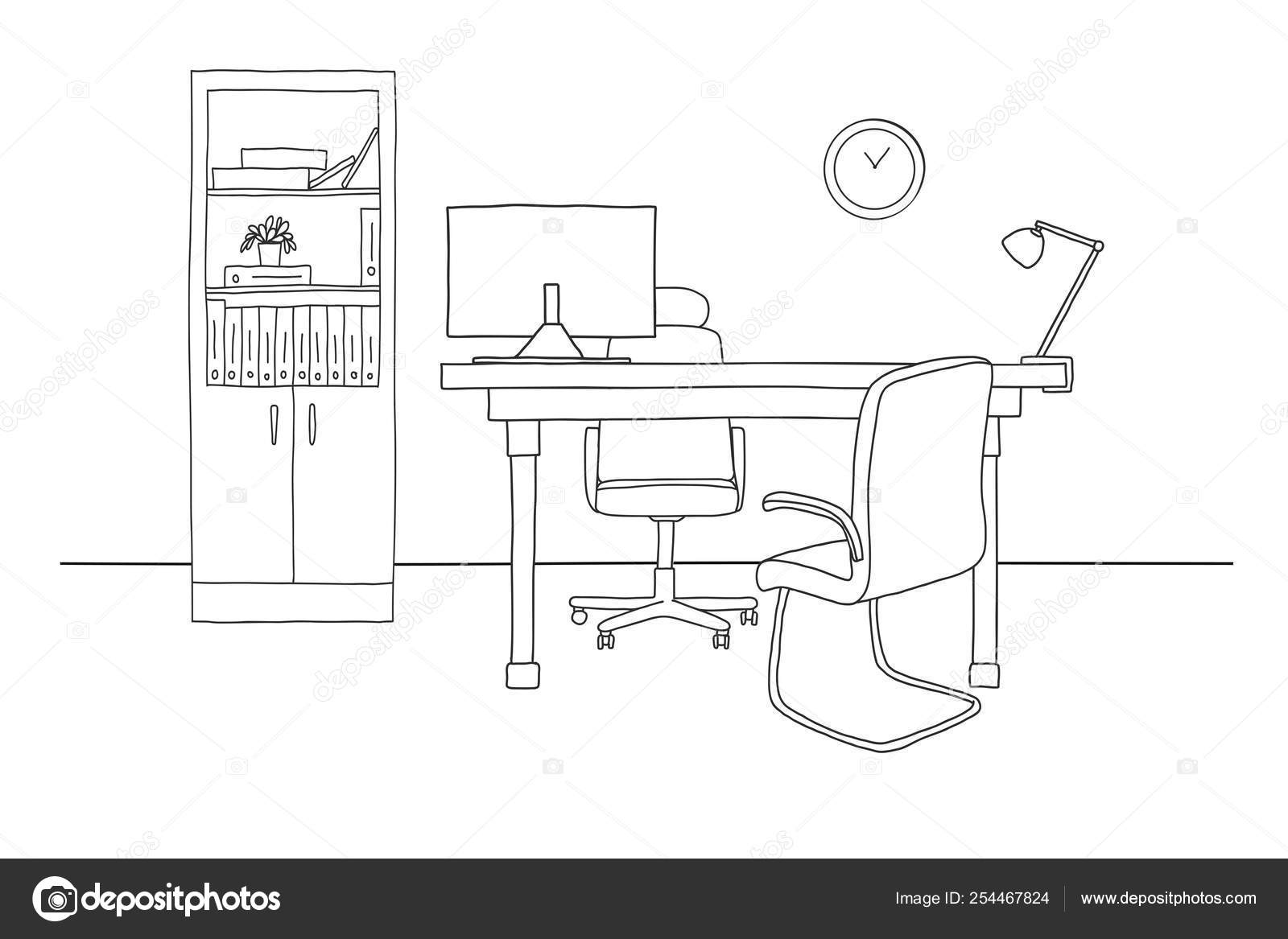 Workspace Office Desk Computer Chair Potted Plant. Interior Sketch Stock  Vector - Illustration of computer, mockup: 160039791