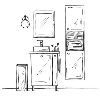 Banyo parçası kroki. Lavabo, dolapları ve diğer öğeleri.