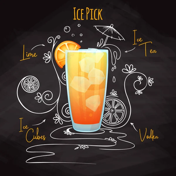 Ricetta semplice per un cocktail alcolico Ice Pick. Disegno di gesso su una lavagna. Vettore — Vettoriale Stock