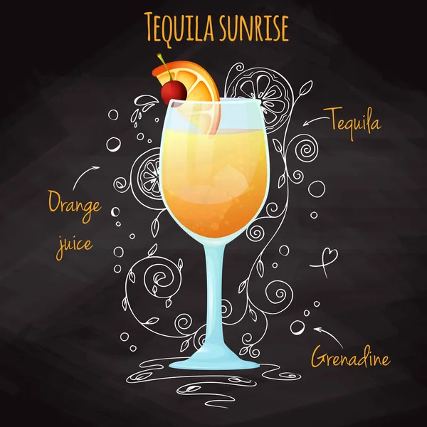 Egyszerű recept egy alkoholos koktél Tequila Sunrise. Rajz krétával egy táblára. Vektor — Stock Vector