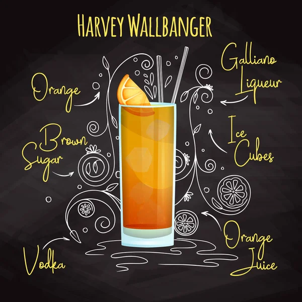 Egyszerű recept egy alkoholos koktél Harvey Wallbanger. Rajz krétával egy táblára. Vektor — Stock Vector