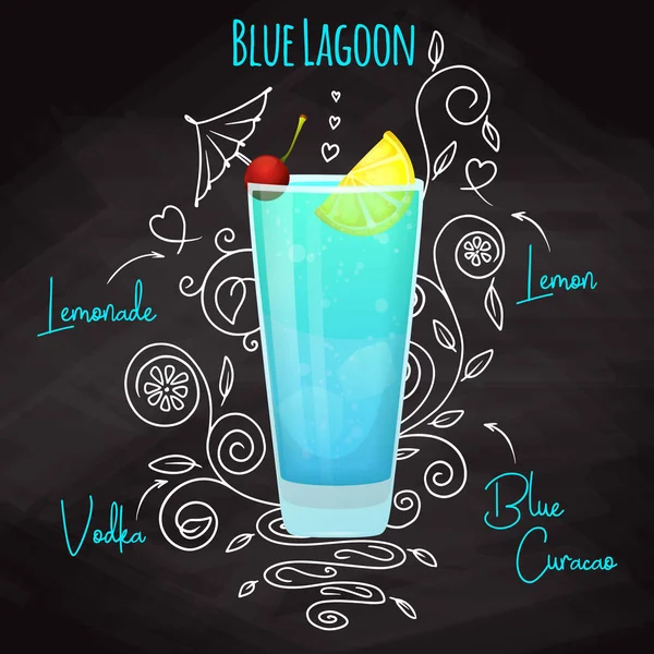 Простой рецепт алкогольного коктейля Blue Lagoon. Рисование мелом на доске. Вектор — стоковый вектор