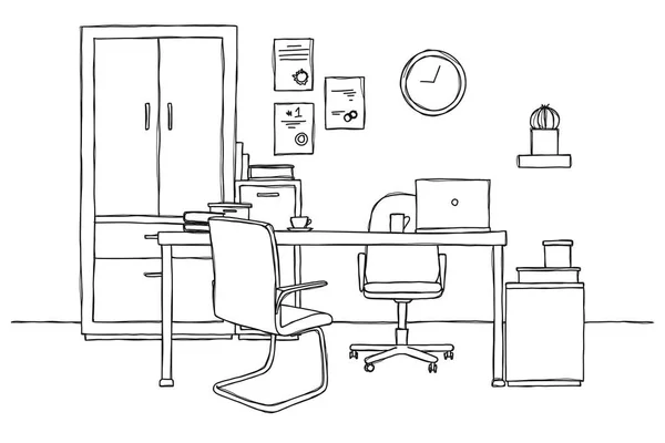 Skizzieren Sie den Raum. Bürostuhl, Schreibtisch, verschiedene Gegenstände auf dem Tisch. Arbeitsbereich skizzieren. Vektor — Stockvektor