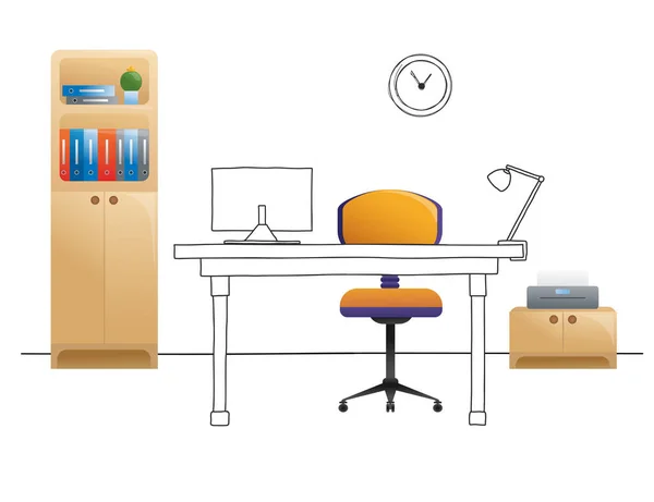 Ofis koltuğu, Resepsiyon, masanın üzerinde çeşitli nesneler. Çalışma alanı düz stil. Vektör — Stok Vektör