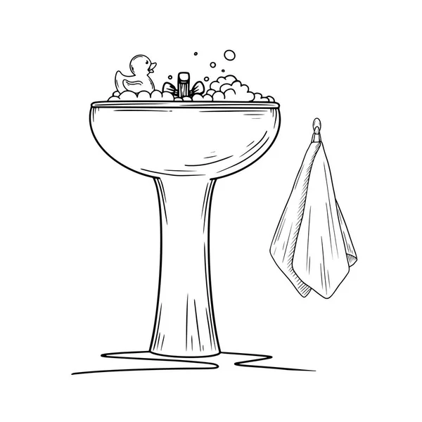 Keramische wastafel met schuim met schuim en rubberen eend op een witte achtergrond. Cartoon wastafel met kraan. — Stockvector