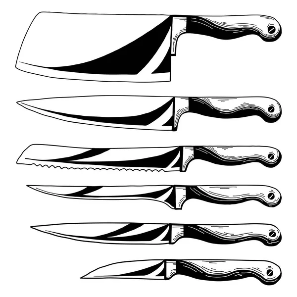 Set de diferentes cuchillos de cocina. Esbozo realista . — Vector de stock