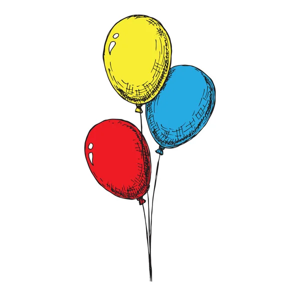Tre palloncini su una corda. Disegnato a mano, isolato su sfondo bianco. Vettore — Vettoriale Stock
