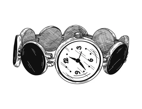 Ρεαλιστικό σκίτσο ενός ρολογιού. Ρολόγια χειρός σε μεταλλικό βραχιόλι. — Διανυσματικό Αρχείο