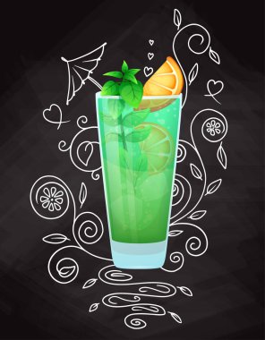 Doodle, desen ile tebeşir arka plan üzerinde Gerçekçi kokteyl. Vektör
