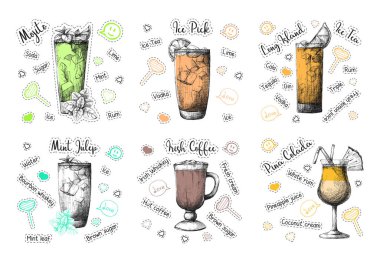 Sketch farklı kokteyl tarifleri. Mojito, Pina Colada, İrlanda Kahvesi ve diğerleri. Vektör