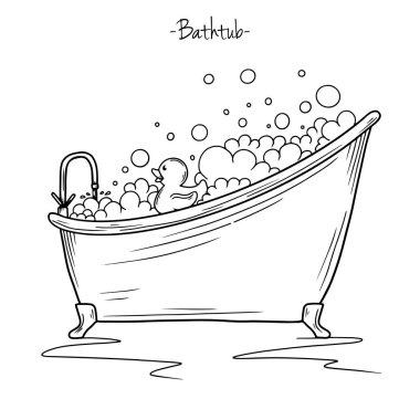 Sketch banyo köpük ve kauçuk ördek. Vektör çizimi