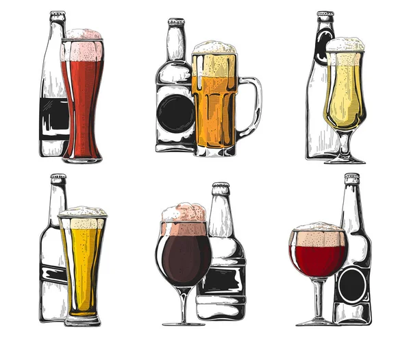 Set de diferentes botellas y vasos de cerveza. Esbozo de color. Vector — Archivo Imágenes Vectoriales