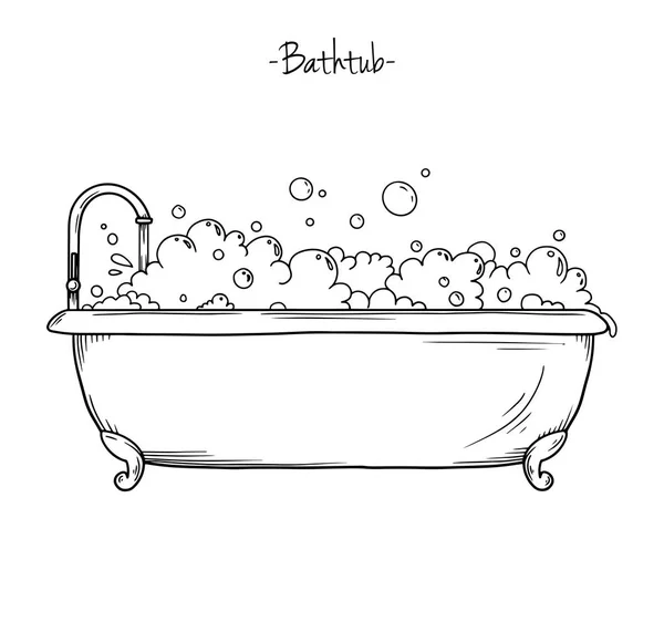 Schets bad met kraan en schuim. Vector illustratie — Stockvector