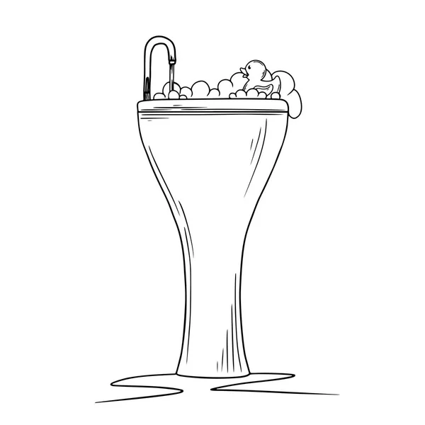 白い背景に泡およびゴム製のアヒルが付いている陶磁器の洗面器。漫画は蛇口とシンク. — ストックベクタ