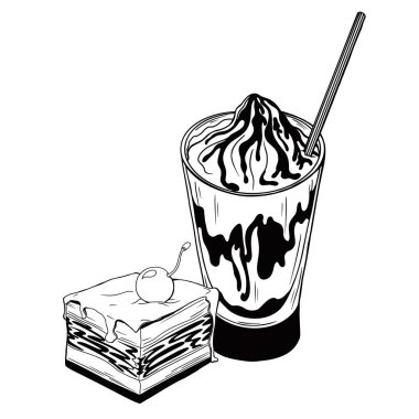 Bir içki ve kek ile fincan. Beyaz arka planda izole tatlı.