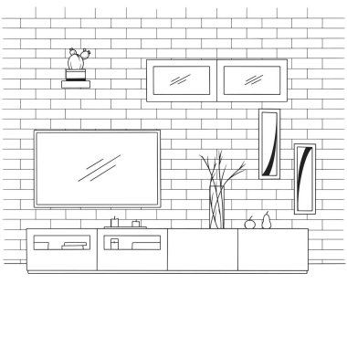 İç doğrusal kroki. Kitaplık, Tv ve raflar ile şifonyer. Elle çizilmiş vektör illüstrasyonu