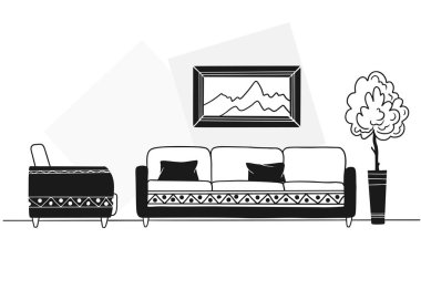 İskandinav tarzında iç. Odanın bir parçası. Elle çizilmiş vektör illüstrasyonu