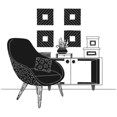 İskandinav tarzında iç. Odanın bir parçası. Elle çizilmiş vektör illüstrasyonu