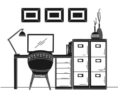 İskandinav tarzında iç. Bilgisayarlı bir işyeri. İç çizim. Vektör