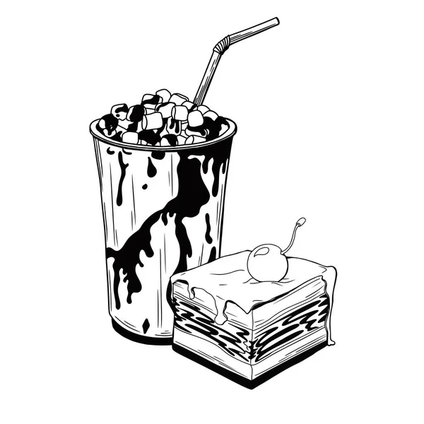 Horkou čokoládu nebo kakaový nápoj v šálku a kousek koláče. Moučník izolovaný na bílém pozadí. — Stockový vektor