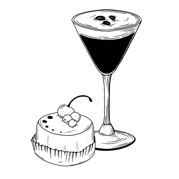 Šálek s drinkem a koláčem. Moučník izolovaný na bílém pozadí. — Stockový vektor